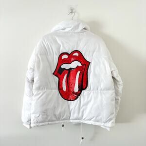 Hipchik Couture Zip Up Sequin Tongue Puffer Jacket White L